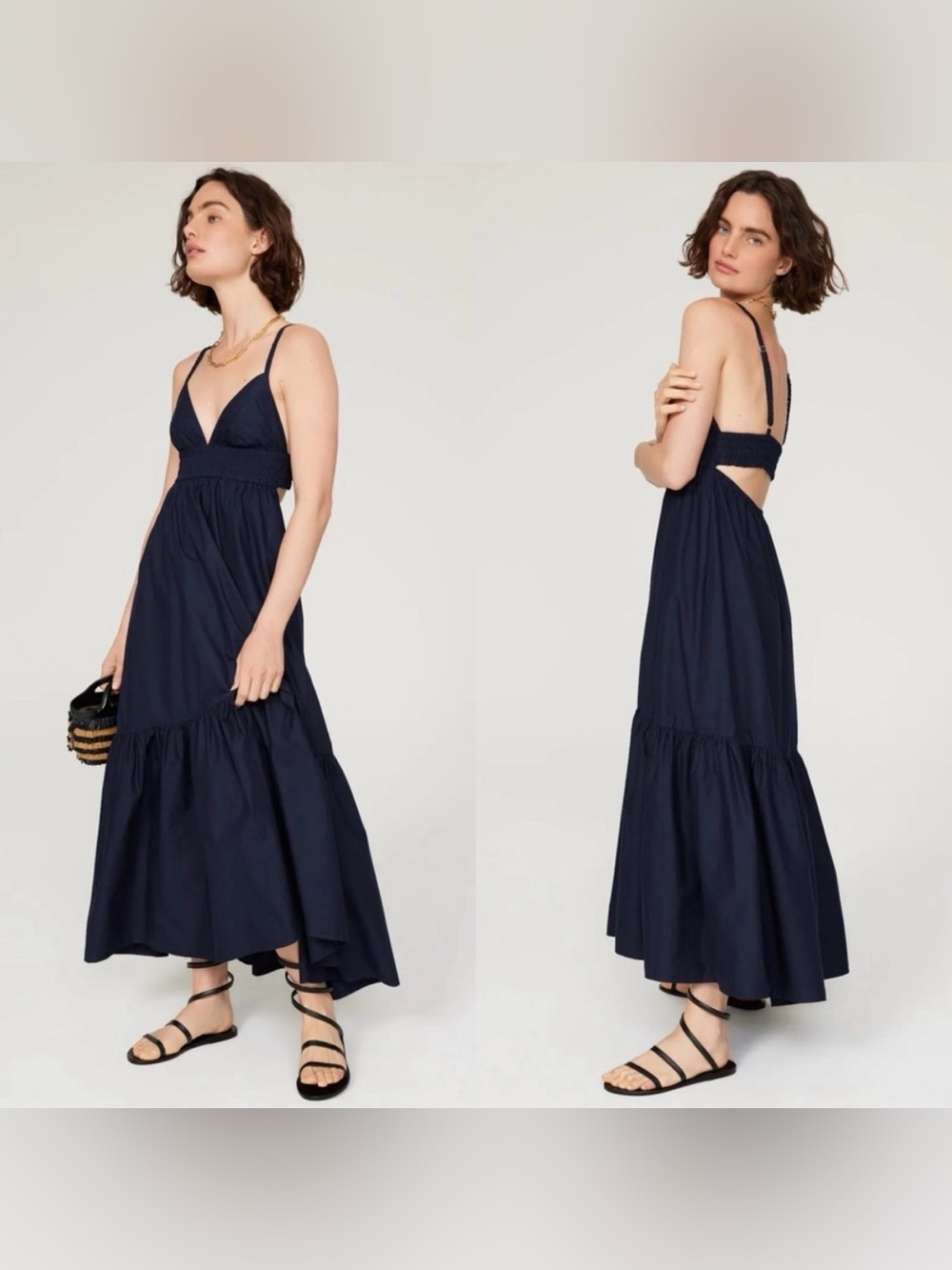 ALC RHODES COTTON NAVY BLUE BACKLESS V-NECK TIERED MAXI DRESS 6